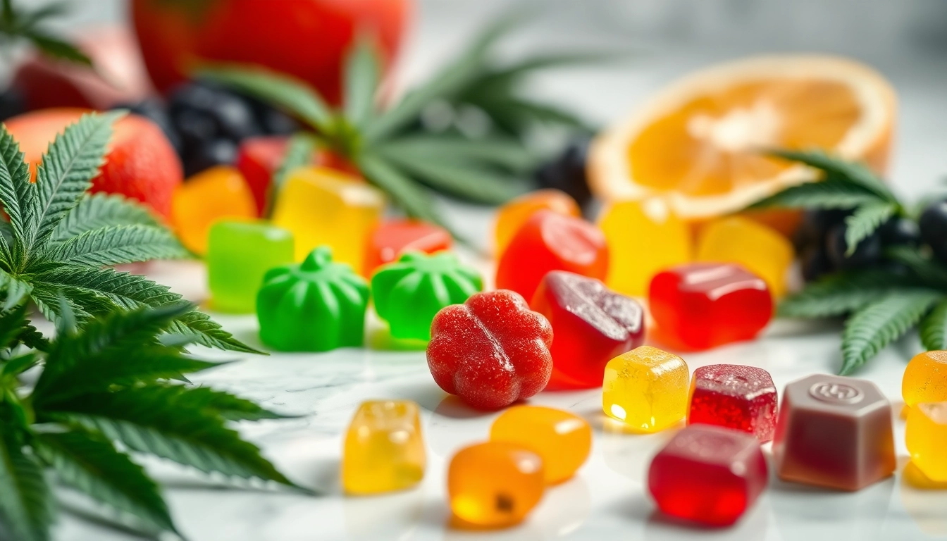 Indulge in vibrant Weed Gummies arranged with cannabis leaves for a healthy treat.