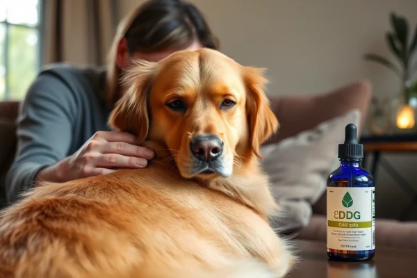 Comforting a dog with CBD Oil For Dog in a cozy home setting.
