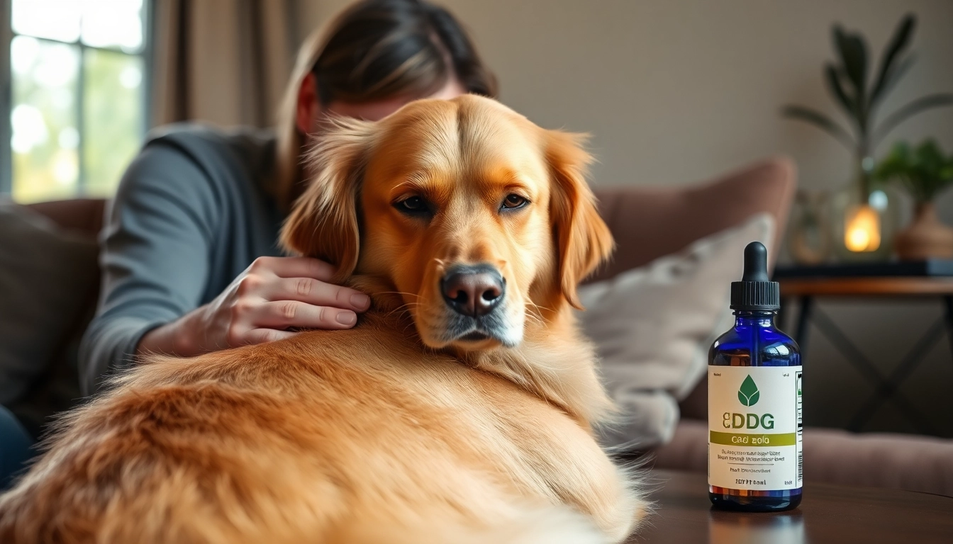 Comforting a dog with CBD Oil For Dog in a cozy home setting.