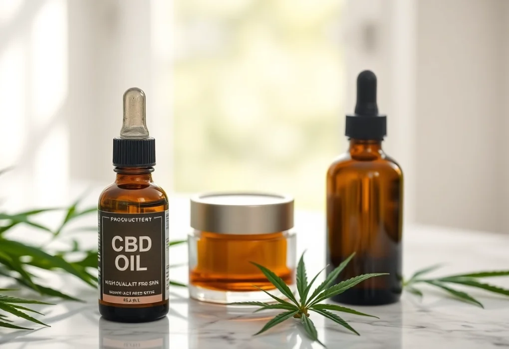 Explore benefits of CBD oil for skin with luxury skincare products displayed elegantly.