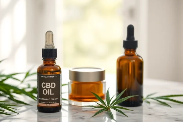 Explore benefits of CBD oil for skin with luxury skincare products displayed elegantly.