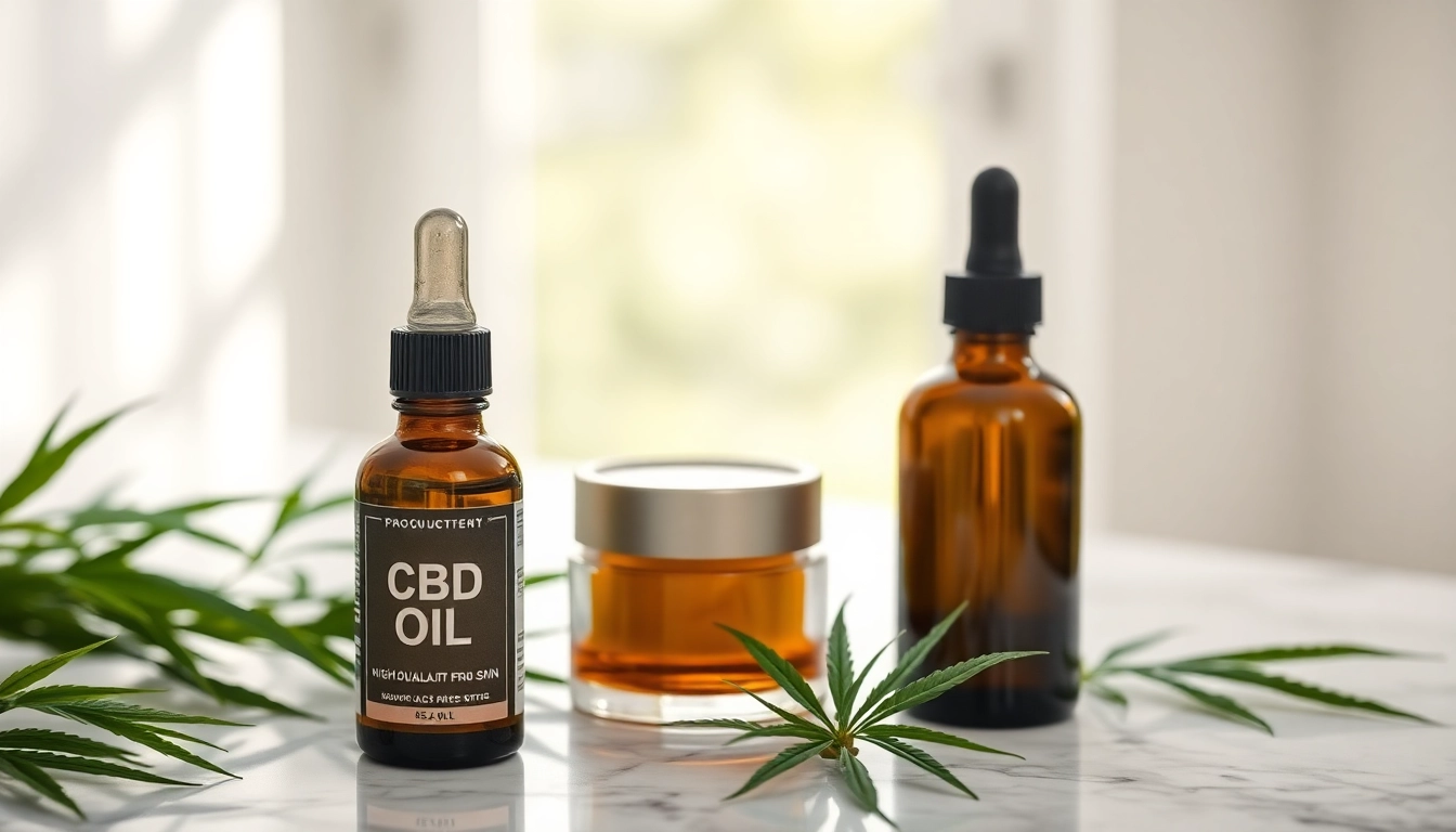 Explore benefits of CBD oil for skin with luxury skincare products displayed elegantly.