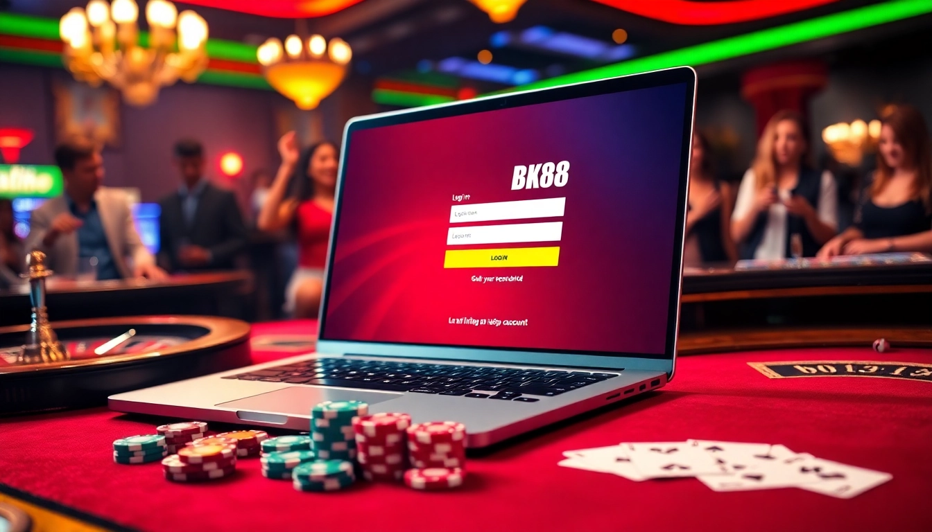 Engaging scene of bk8 login on a luxurious casino interface with poker chips and a roulette wheel.