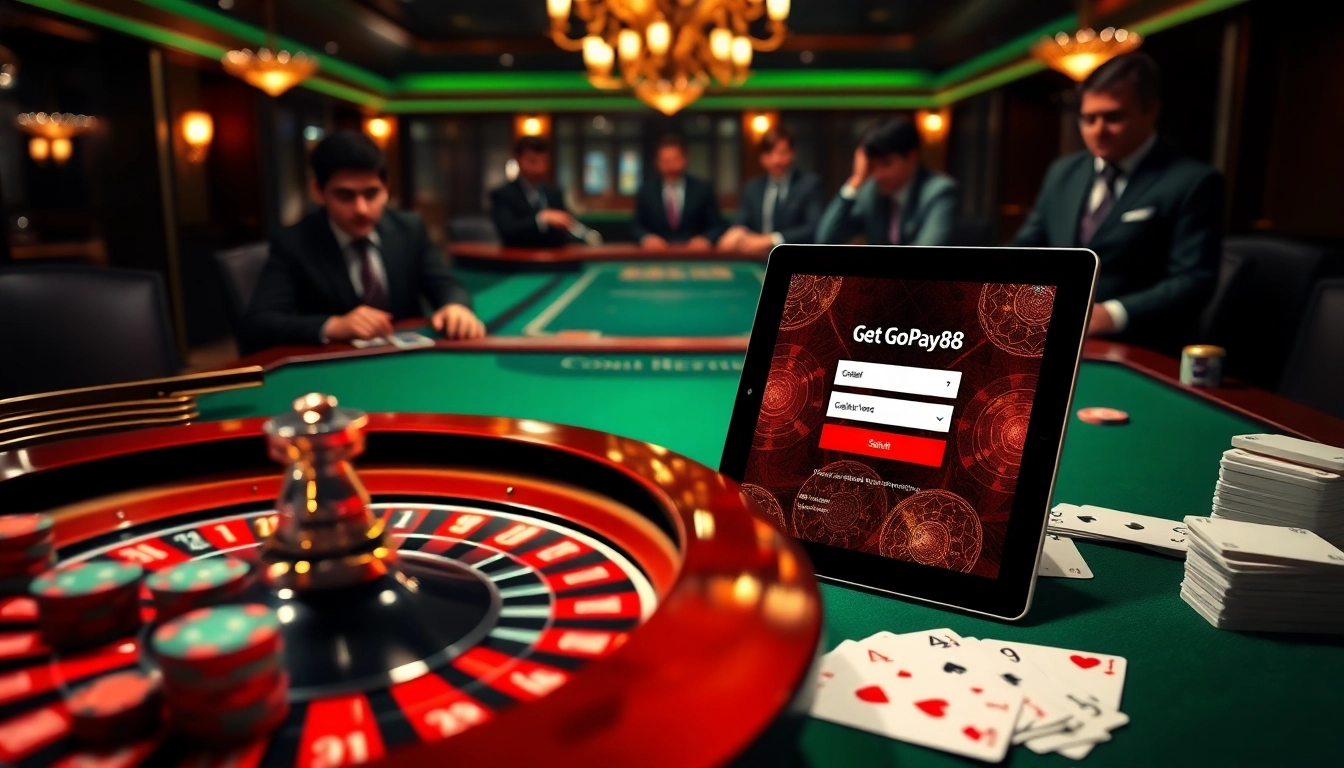 Experience Gopay88 Daftar amidst an elegant casino scene featuring thrilling roulette play and digital gambling interfaces.