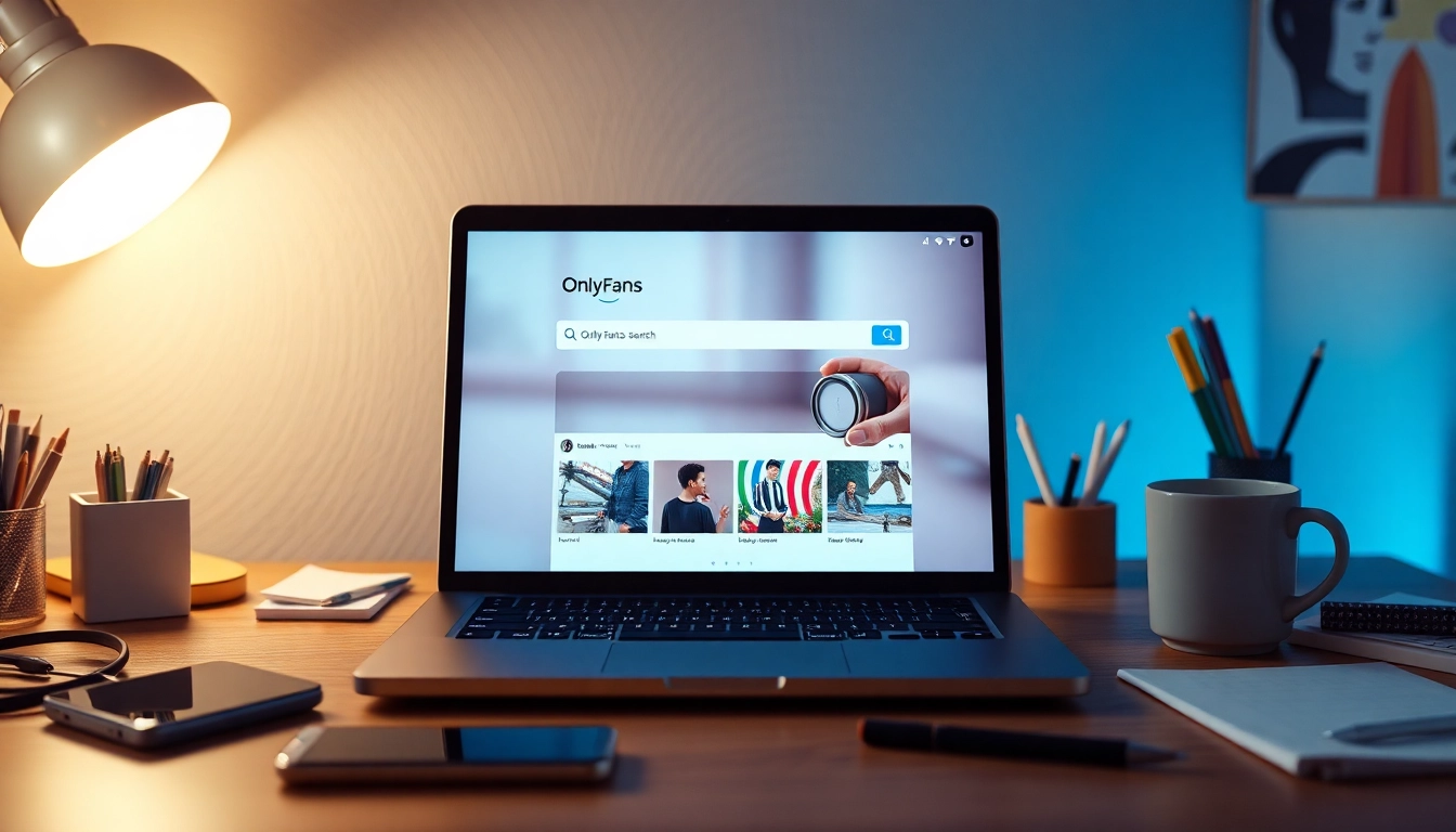 OnlyFans image search interface displayed on a laptop in a cozy workspace.