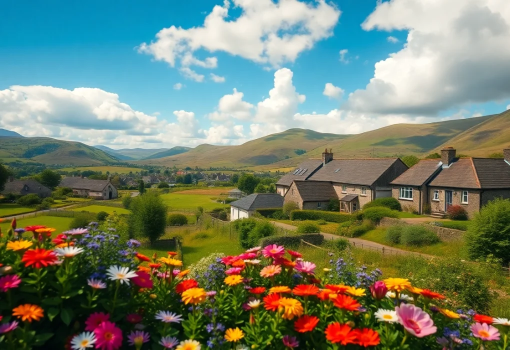 Vibrant flowers and cozy cottages in the city of Canna UK under a bright sky.