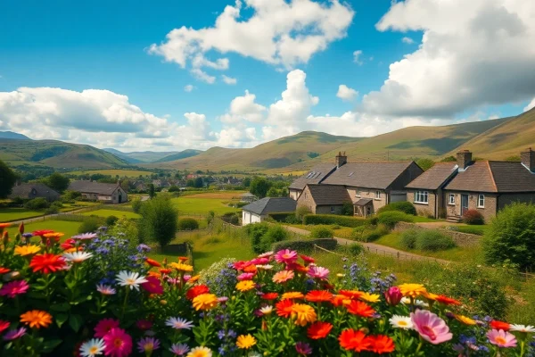 Vibrant flowers and cozy cottages in the city of Canna UK under a bright sky.