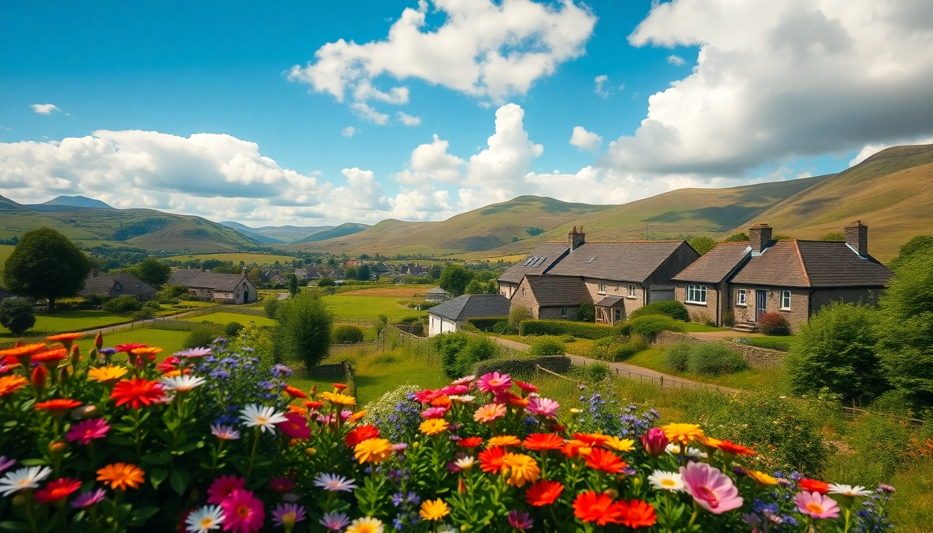 Vibrant flowers and cozy cottages in the city of Canna UK under a bright sky.