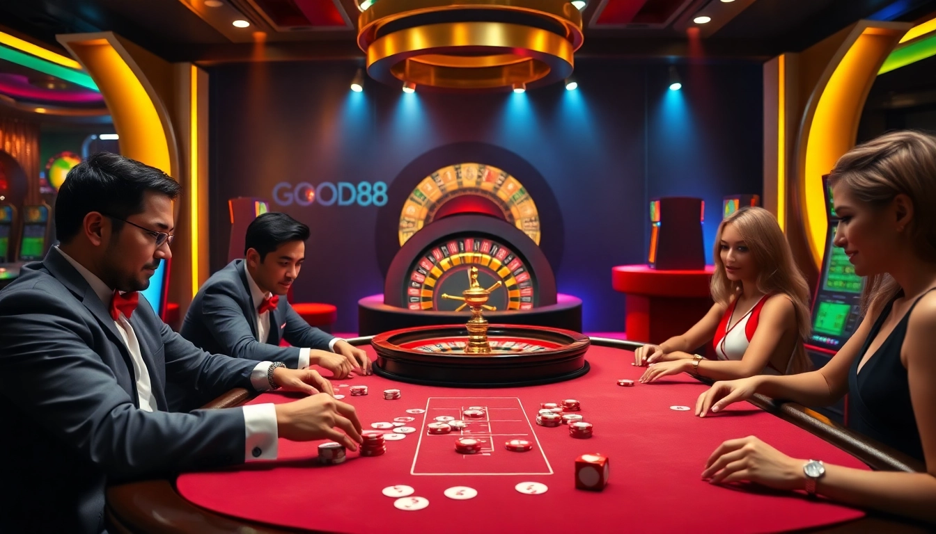 Experience the excitement of gambling at GOOD88 with professional players at a poker table.