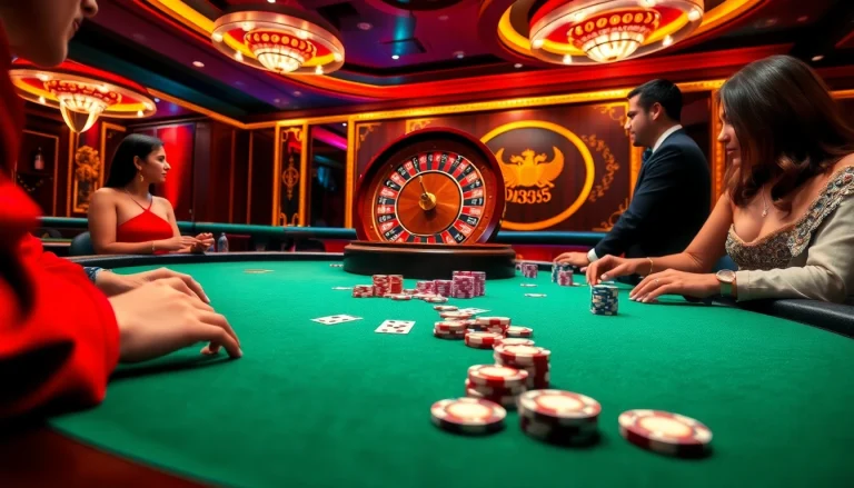 Excited players at OK365 engage in a thrilling poker game with vibrant chips and cards on the table.