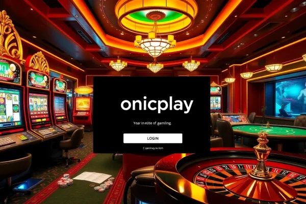 Experience the thrill of onicplay login with vibrant online gambling visuals showcasing slot machines and poker tables.