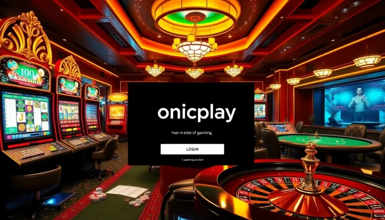 Experience the thrill of onicplay login with vibrant online gambling visuals showcasing slot machines and poker tables.
