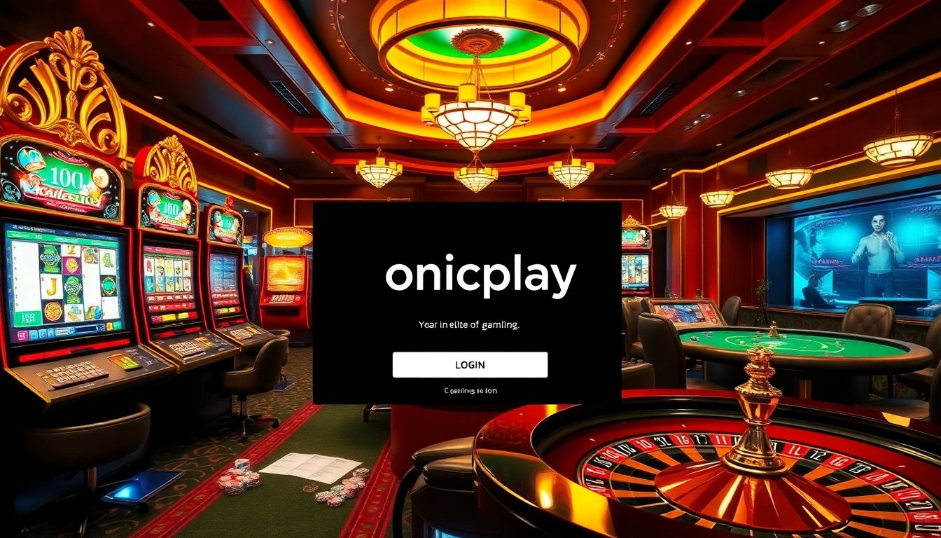 Experience the thrill of onicplay login with vibrant online gambling visuals showcasing slot machines and poker tables.
