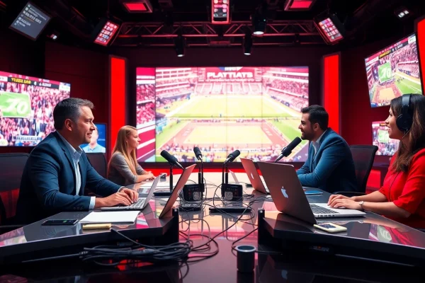Sports Broadcasting team passionately discussing live events in a bright studio setting.