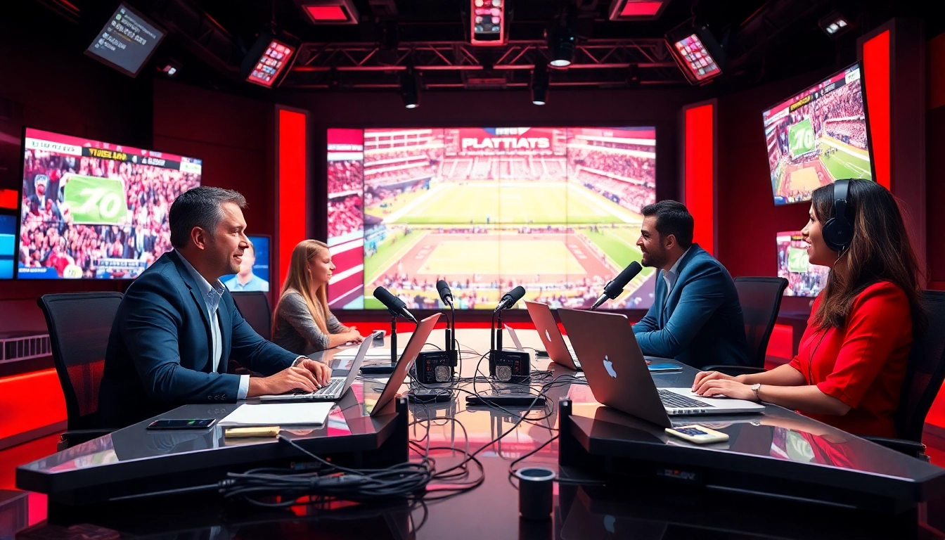 Sports Broadcasting team passionately discussing live events in a bright studio setting.