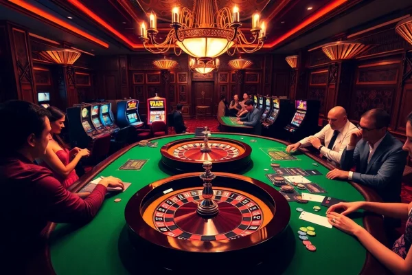 Experience the thrill of 555win at a luxurious casino table filled with poker chips and a roulette wheel.