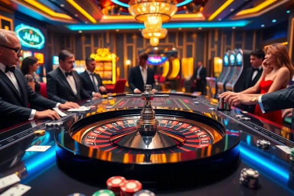 Exciting casino betting scene with players at a roulette table from https://rr88co.net/ showcasing vibrant colors and luxurious elements.