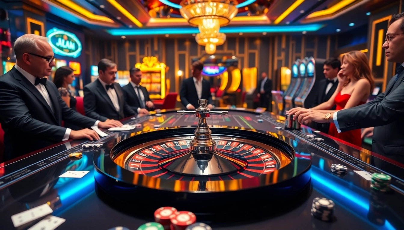 Exciting casino betting scene with players at a roulette table from https://rr88co.net/ showcasing vibrant colors and luxurious elements.