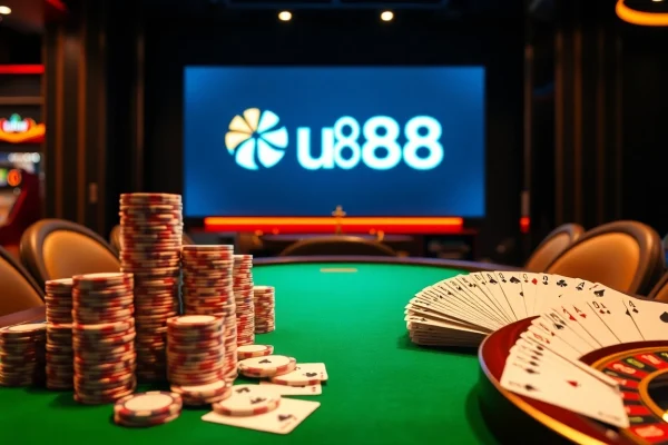 Experience the thrill of winning at u888 with an elegant casino atmosphere showcasing poker and roulette games.