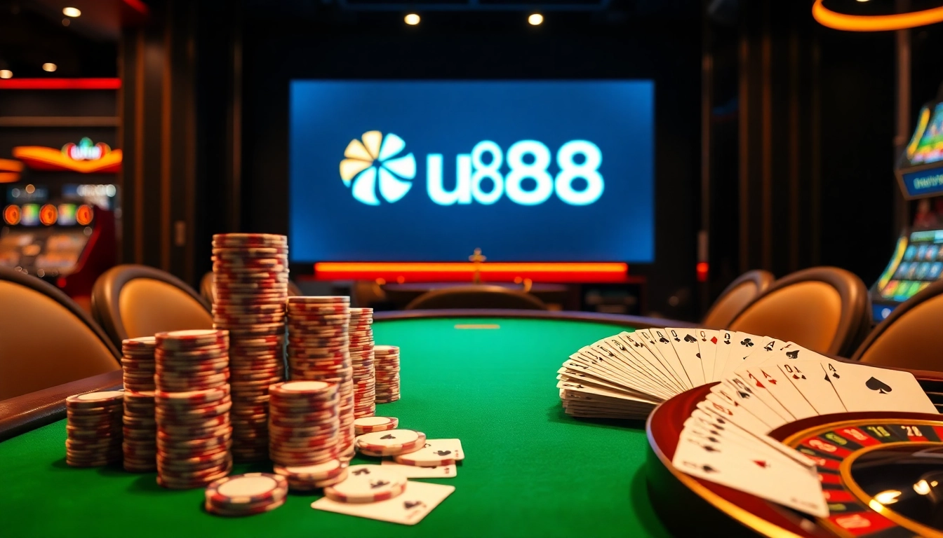 Experience the thrill of winning at u888 with an elegant casino atmosphere showcasing poker and roulette games.