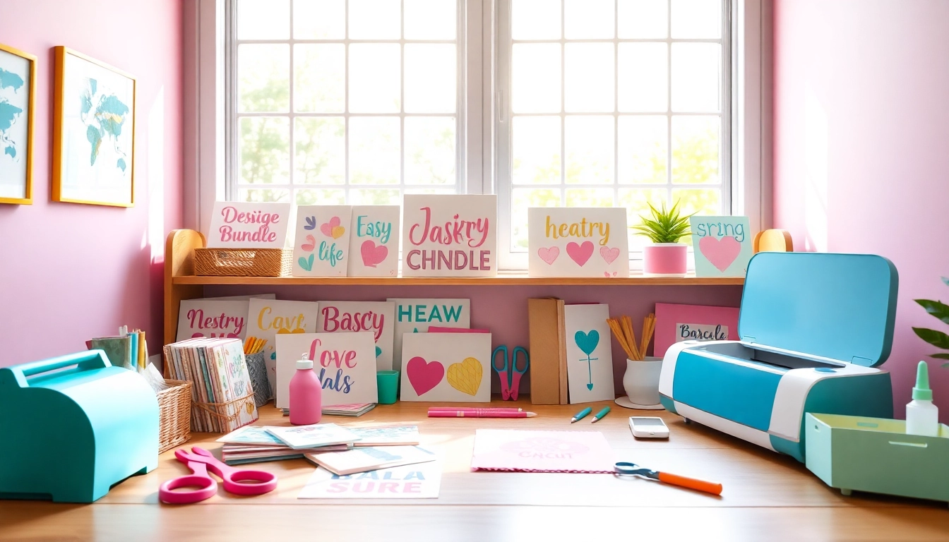 Vibrant design bundles SVG for Cricut projects arranged in a cheerful crafting workspace.