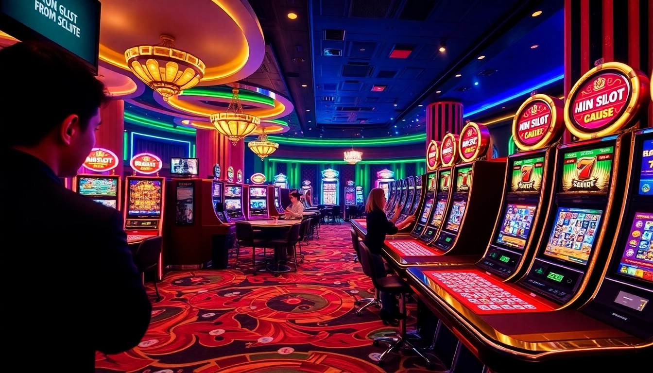 Players enjoying IDN Slot games amid vibrant casino atmosphere with colorful machines and tables.
