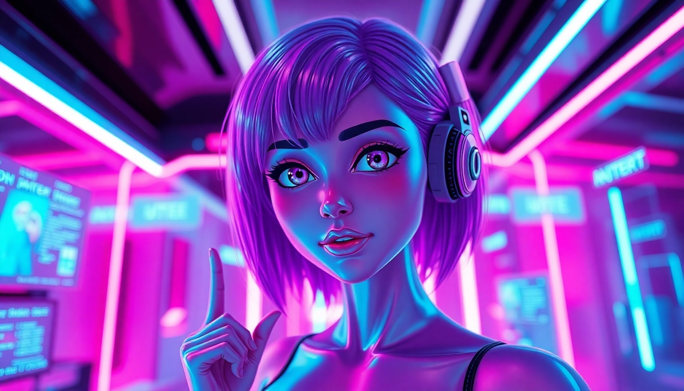 Interactive NSFW character AI interface showcasing a digital avatar in a neon-lit environment.